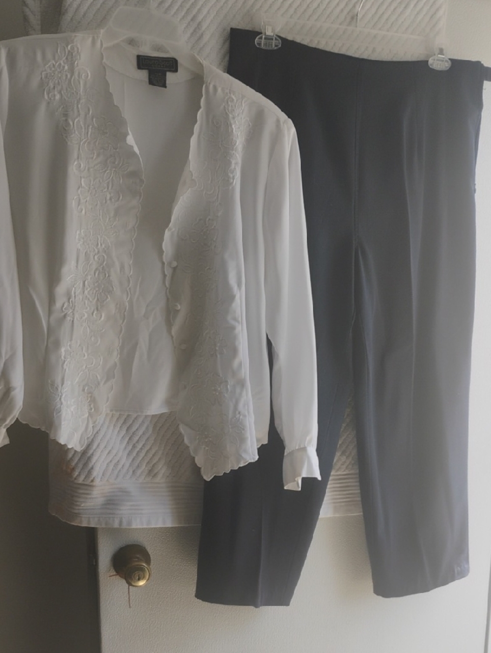 Laura Scott Navy Dress Pants with White Embroidered Blouse